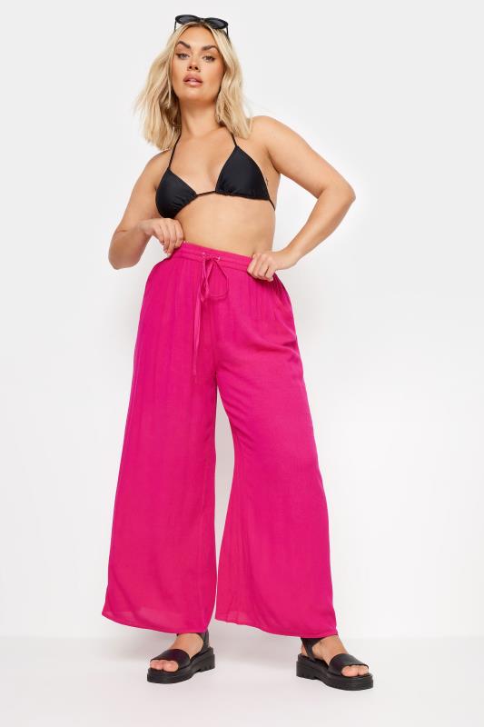 YOURS Plus Size Pink Magenta Crinkle Drawstring Trousers | Yours Clothing 3