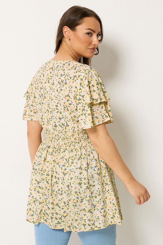 YOURS Plus Size Yellow Ditsy Floral Flutter Sleeve Top | Yours Clothing 2