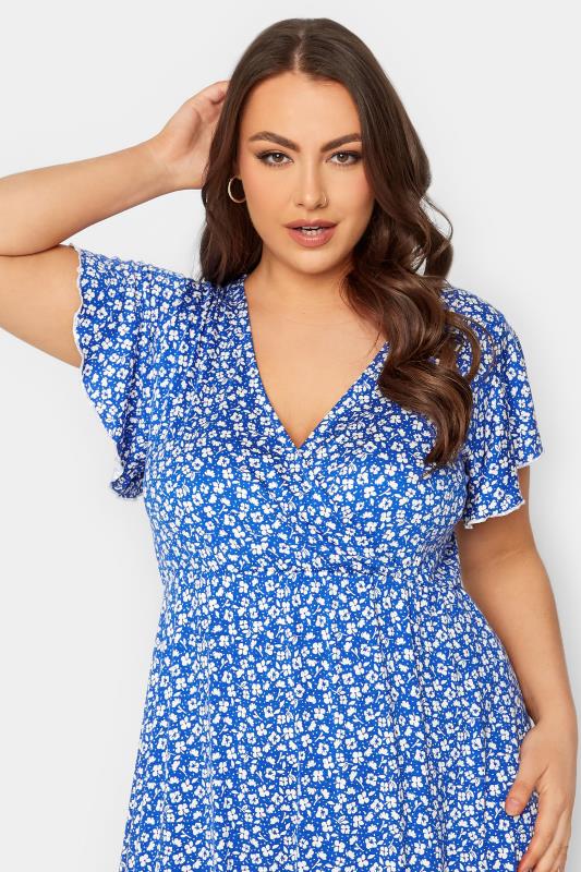 YOURS Plus Size Blue Ditsy Print Frill Sleeve Wrap Maxi Dress | Yours Clothing 4