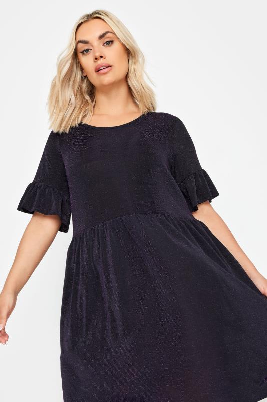  Grande Taille YOURS Curve Black & Purple Glitter Frill Sleeve Tunic Dress