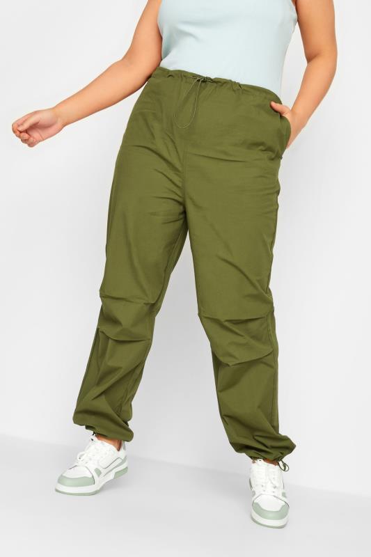 YOURS Curve Plus Size Khaki Green Cuffed Parachute Trousers | Yours Clothing  1