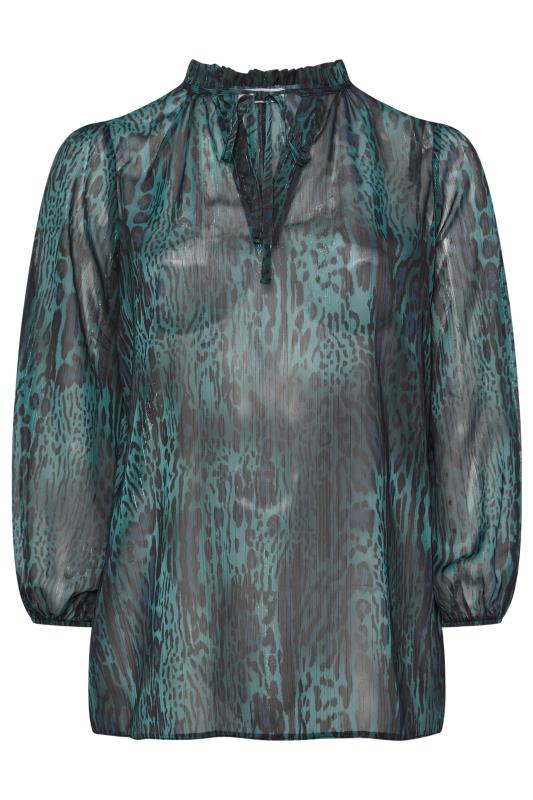 YOURS LONDON Plus Size Green Leopard Print Metallic Stripe Chiffon Blouse | Yours Clothing  5