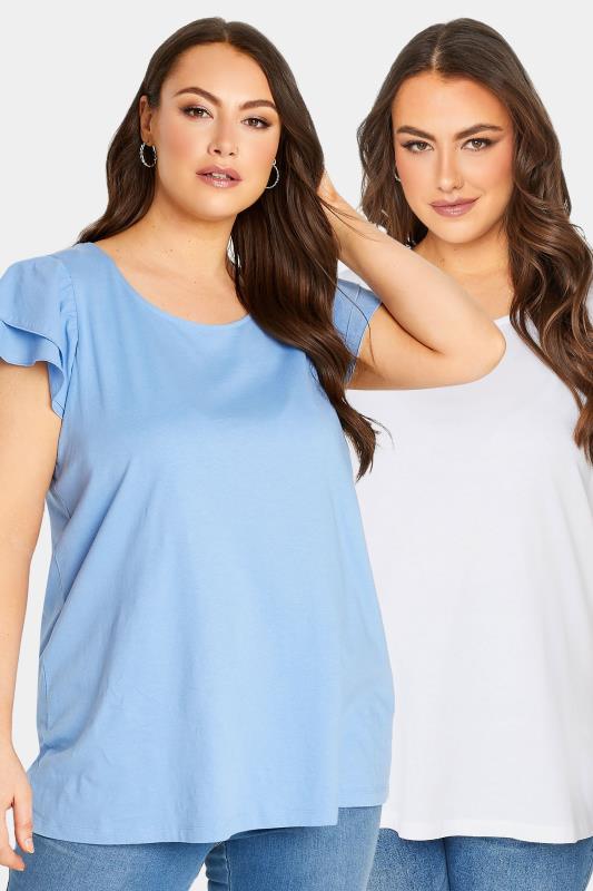 YOURS Curve Plus Size 2 PACK Blue Frill Sleeve T-Shirts | Yours Clothing  1