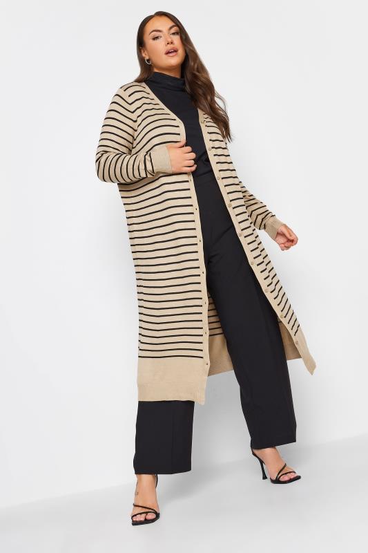 YOURS Plus Size Beige Brown Stripe Print Maxi Cardigan | Yours Clothing 3