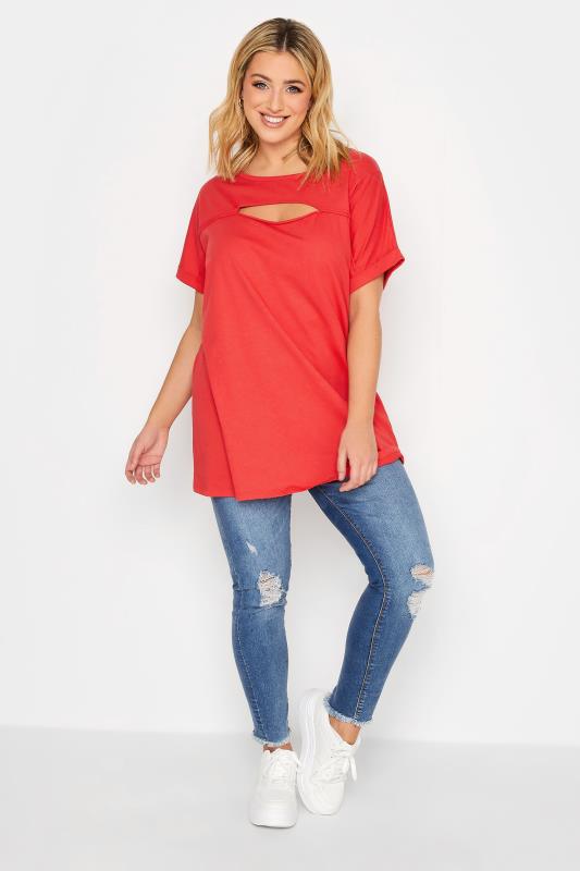 YOURS Plus Size Red Cut Out T-Shirt | Yours Clothing 2