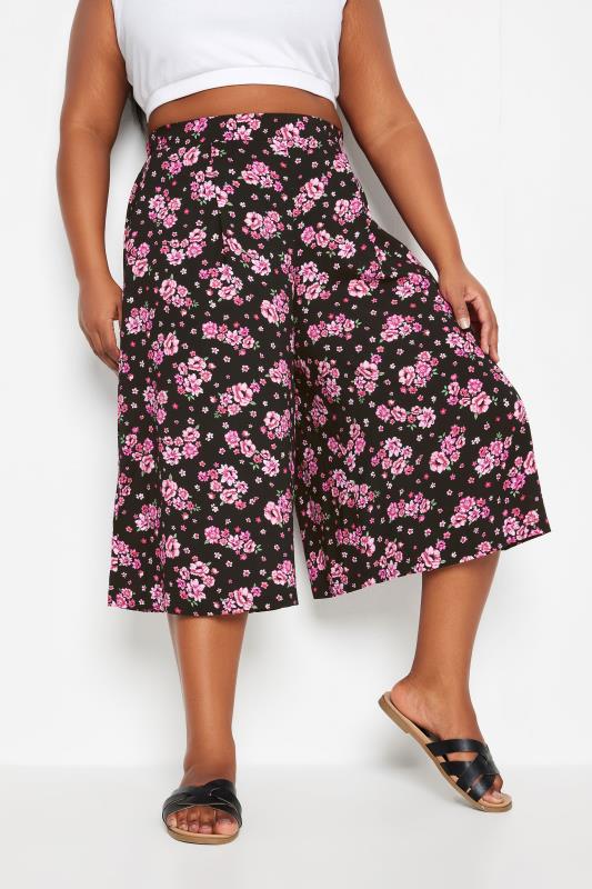 YOURS Plus Size Black Floral Bloom Print Culottes | Yours Clothing 1