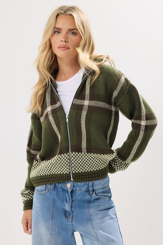 PixieGirl Petite Green Knitted Check Zip Cardigan