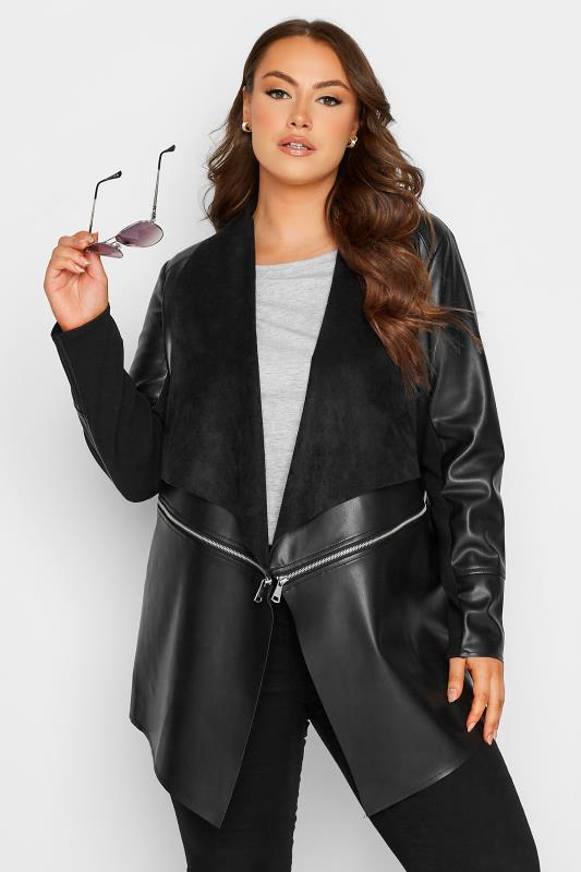 Curve Black Zip Detail Waterfall Faux Leather Jacket 1