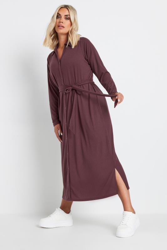  YOURS Curve Burgundy Red Ribbed Tie Waist Shirt Dress