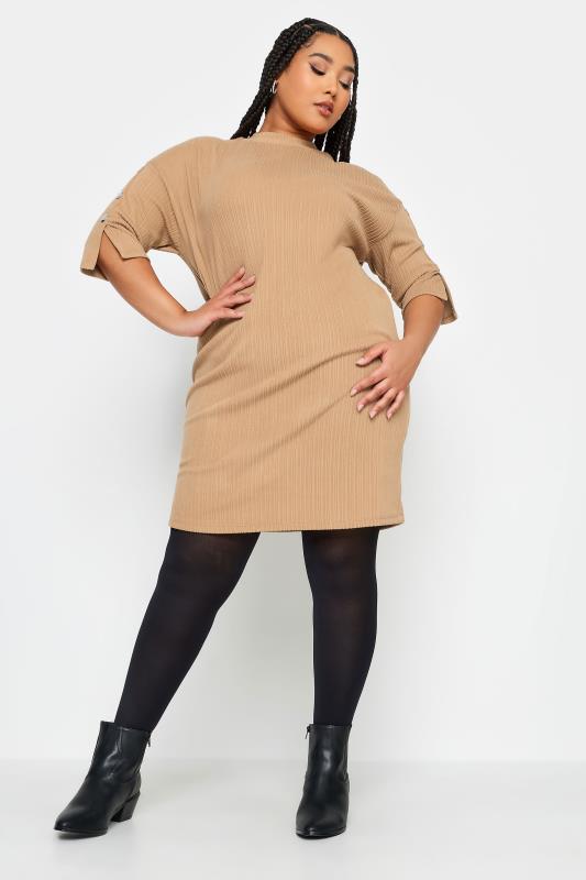 YOURS Plus Size Beige Brown Soft Touch Button Detail Mini Dress | Yours Clothing 2