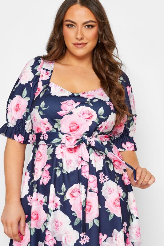 YOURS LONDON Curve Navy Blue Floral Print Puff Sleeve Dress | Yours Clothing 4