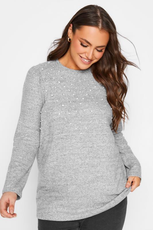 Plus Size  Curve Grey Pearl Embellished Soft Touch Top