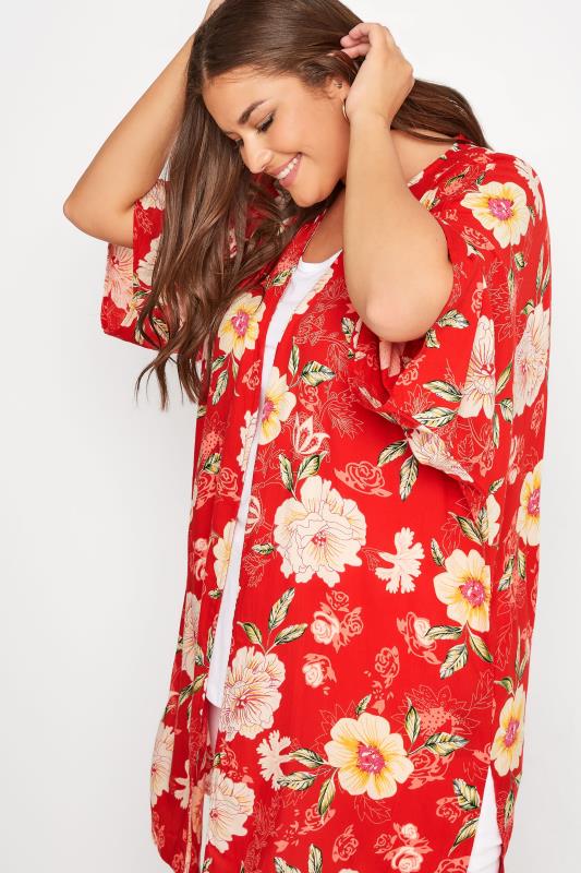 Plus Size Red Floral Print Longline Kimono Cardigan | Yours Clothing  4