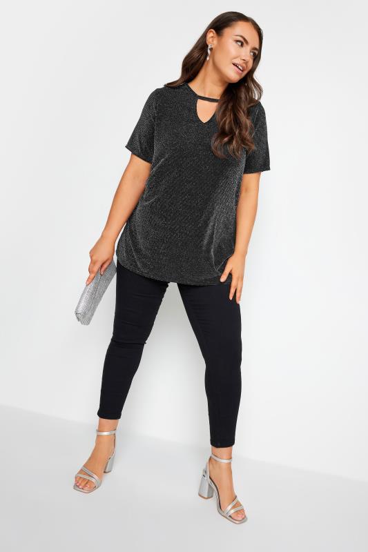 YOURS Plus Size Black Cut Out Neck Glitter Top | Yours Clothing 2