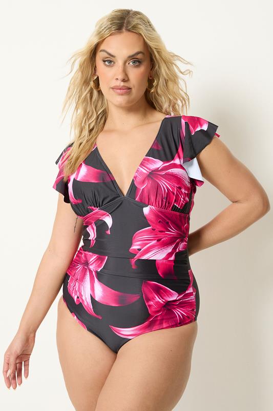 YOURS Plus Size Black Floral Frill Sleeve Swimsuit | Yours Clothing 1