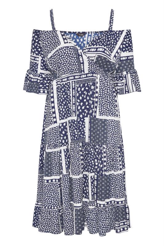 LIMITED COLLECTION Plus Size Navy Blue Patchwork Print Cold Shoulder Dress | Yours Clothing 6