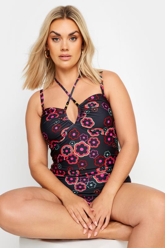  Grande Taille YOURS Curve Black & Pink Floral Halter Neck Swimsuit