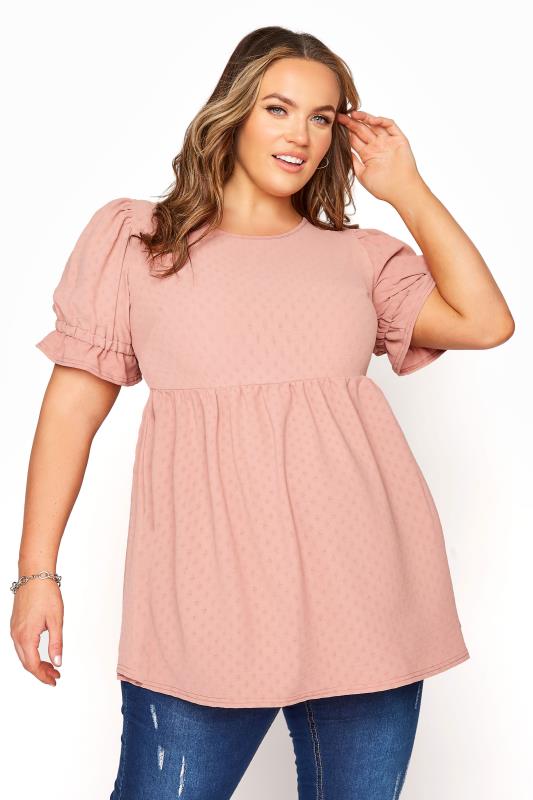 Plus Size  BUMP IT UP MATERNITY Pink Dobby Puff Sleeve Smock Top