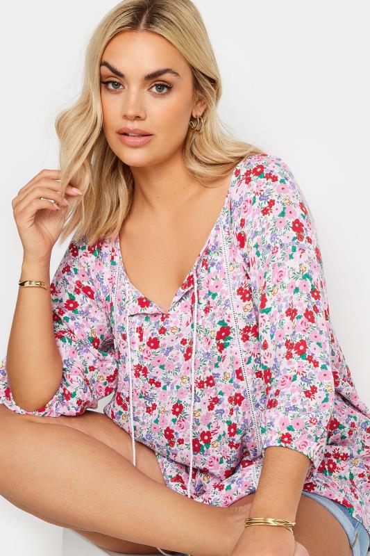 YOURS Plus Size Pink Floral Print Tie Neck Blouse | Yours Clothing 5