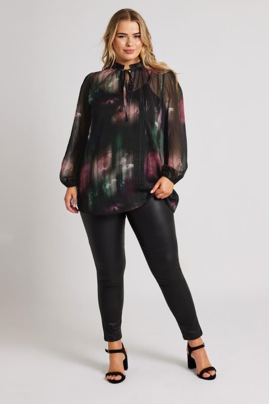 YOURS LONDON Plus Size Black Blur Floral Print Mesh Blouse | Yours Clothing 2