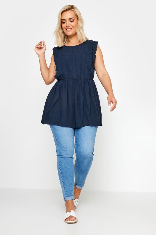 YOURS Plus Size Navy Blue Crinkle Dobby Peplum Top | Yours Clothing 2