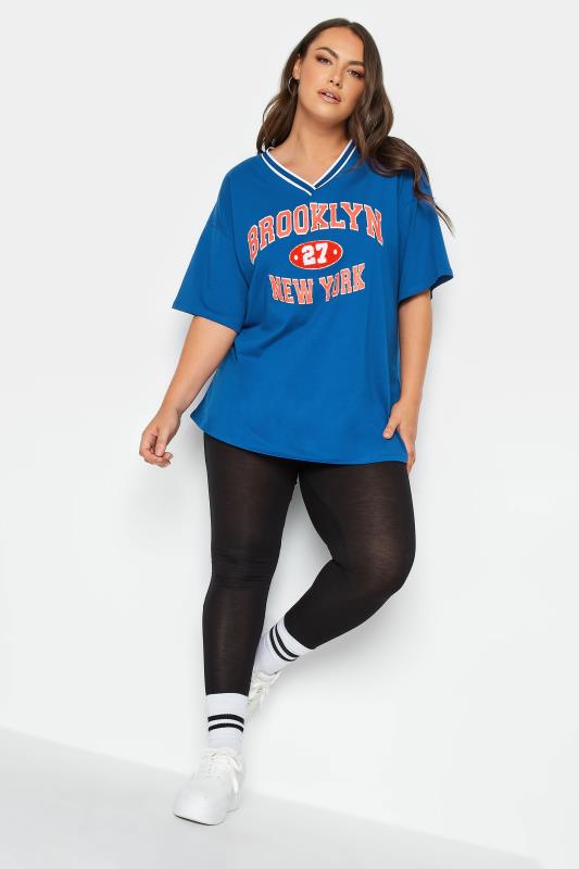YOURS Plus Size Blue 'Brooklyn New York' Slogan V-Neck T-Shirt | Yours Clothing 2