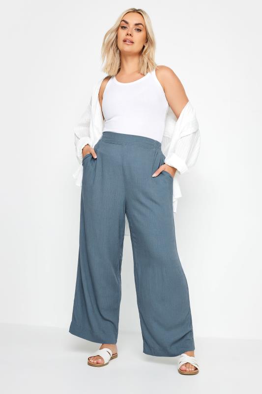 YOURS Plus Size Blue Pull On Wide Leg Linen Trousers | Yours Clothing 2