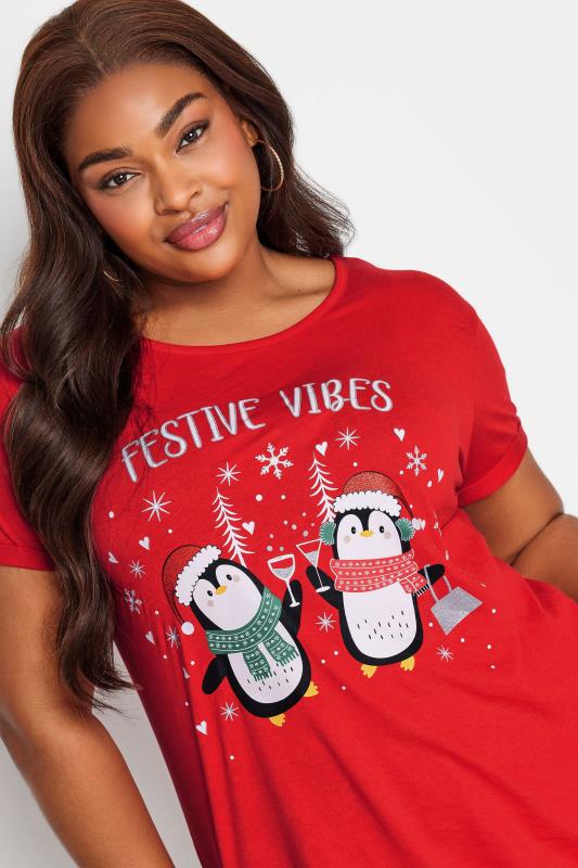 YOURS Curve Red Penguin Print 'Festive Vibes' Slogan Christmas T-Shirt | Yours Clothing  4