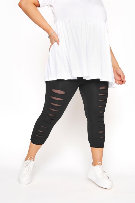  Grande Taille Curve Black Ripped Mesh Insert Cropped Leggings