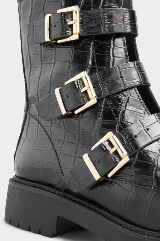 LTS Black Leather Croc Buckle Strap Boots In Standard D Fit 6