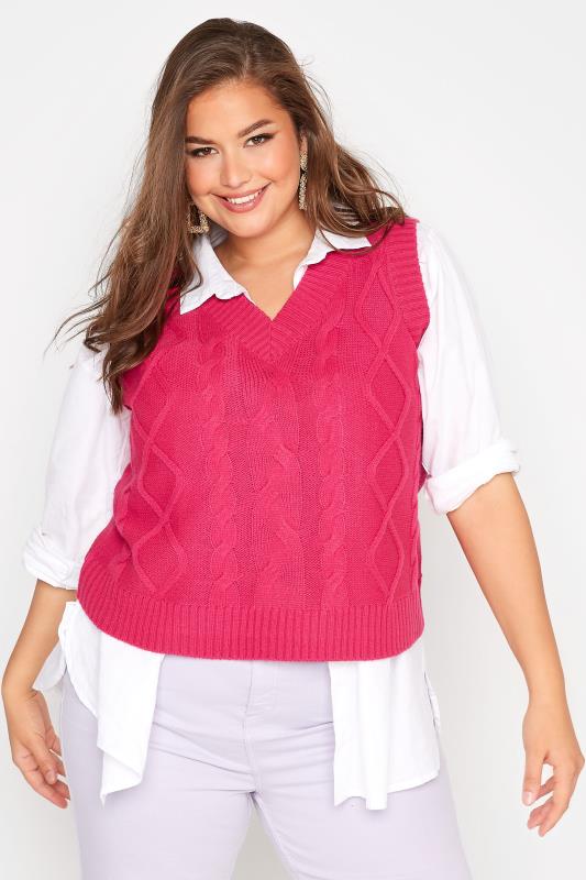 Curve Hot Pink Cable Knit Sweater Vest Top_A.jpg