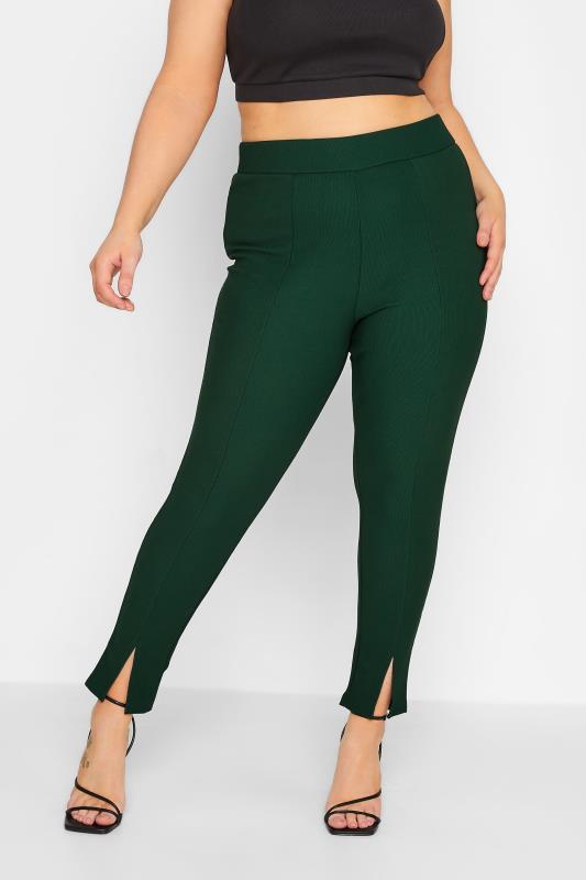 Plus Size Forest Green Ribbed Split Hem Stretch Leggings | Yours Clothing  1