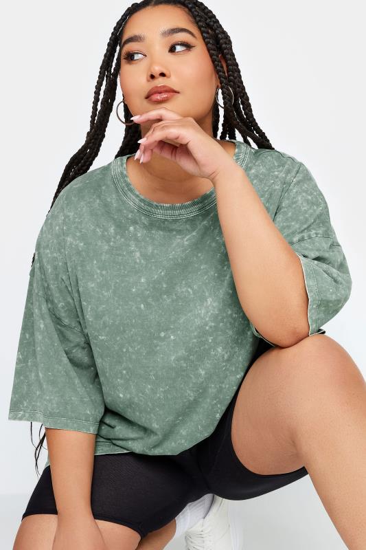 YOURS Plus Size Green Acid Wash Boxy T-Shirt | Yours Clothing 4
