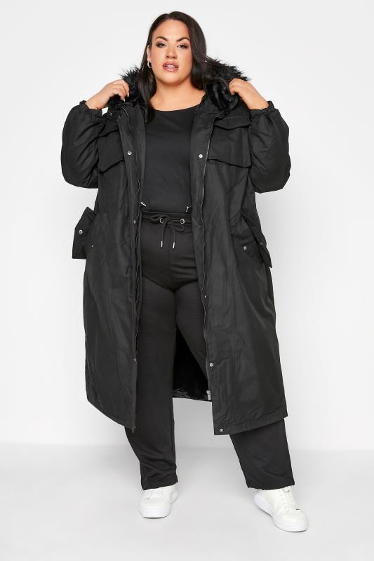Plus Size Black Faux Fur-Lined Maxi Coat | Yours Clothing 1