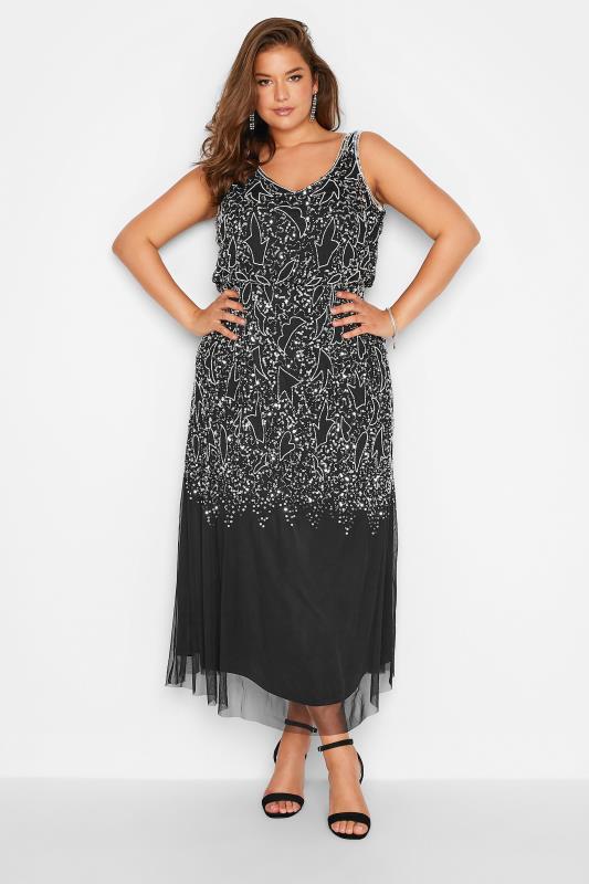 LUXE Plus Size Black Abstract Embellished Maxi Dress | Yours Clothing 2