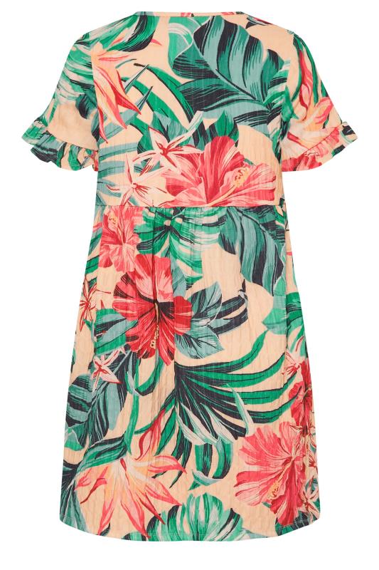 YOURS Curve Plus Size Green & Peach Tropical Floral Print Smock Tunic Dress | Yours Clothing 7