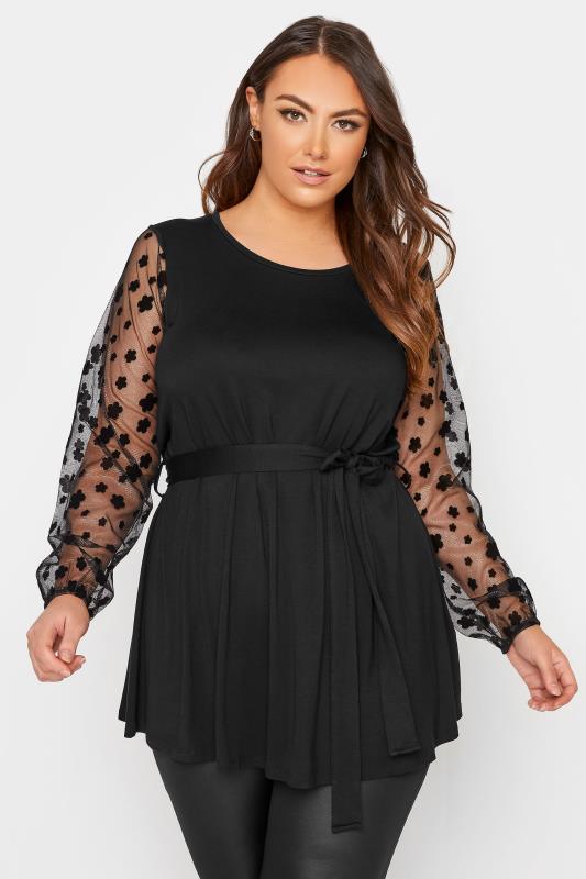 Plus Size Black Flocked Floral Mesh Sleeve Tie Waist Top | Yours Clothing 1