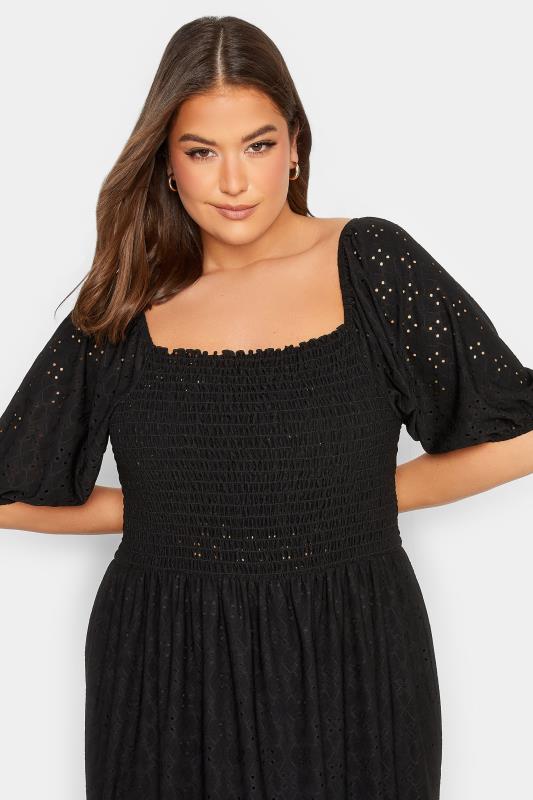 YOURS Curve Plus Size Black Shirred Broderie Anglaise Midaxi Dress | Yours Clothing 4