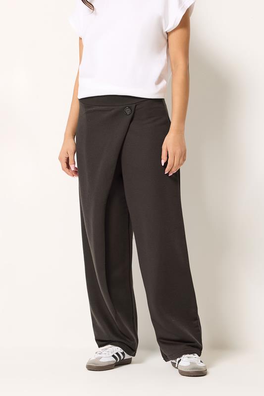 PixieGirl Petite Women's Chocolate Brown Jersey Wrap Wide Leg Trousers | PixieGirl 1