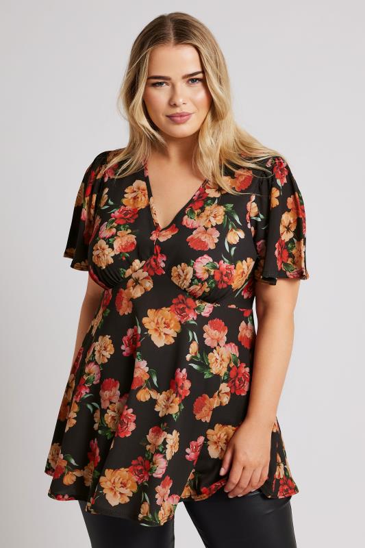 Plus Size  YOURS LONDON Curve Black Floral Print Angel Sleeve Blouse