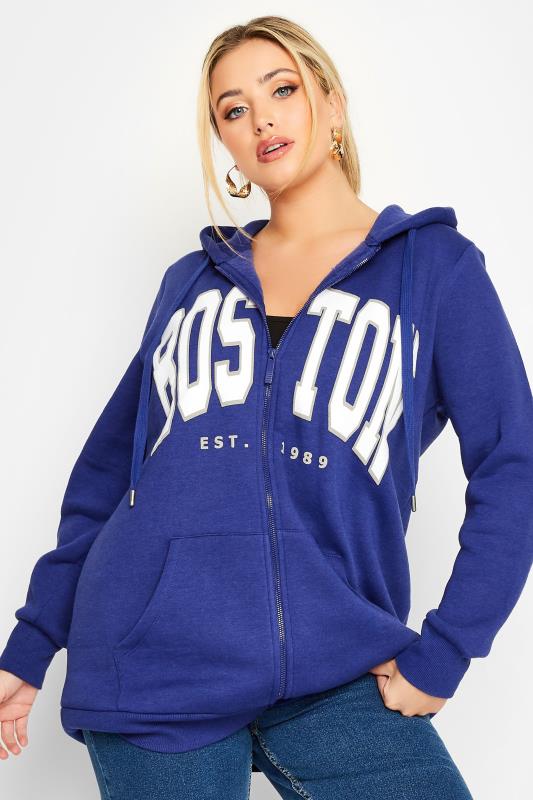 Plus Size Cobalt Blue 'Boston' Graphic Print Zip Hoodie | Yours Clothing 1