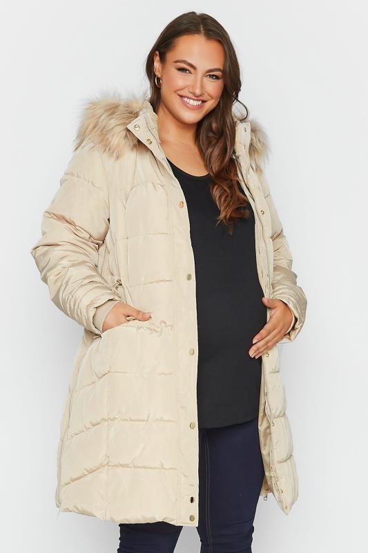  Tallas Grandes BUMP IT UP Maternity Curve Natural Brown Panelled Puffer Midi Coat