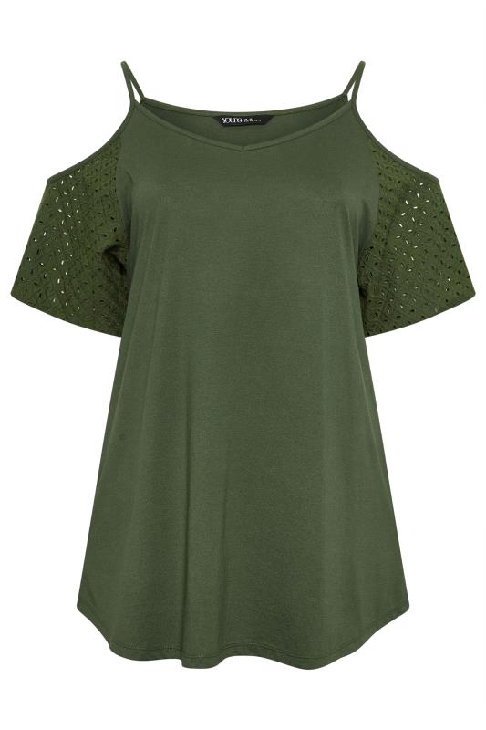 YOURS Plus Size Khaki Green Broderie Anglaise Cold Shoulder Top | Yours Clothing 5