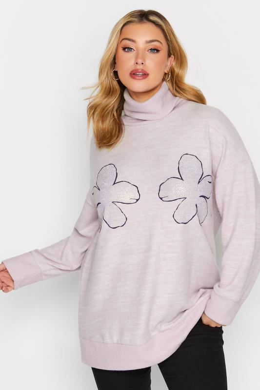 YOURS LUXURY Plus Size Lilac Purple Curve Diamante Embellished Turtle Neck Jumper | Yours Clothing  2