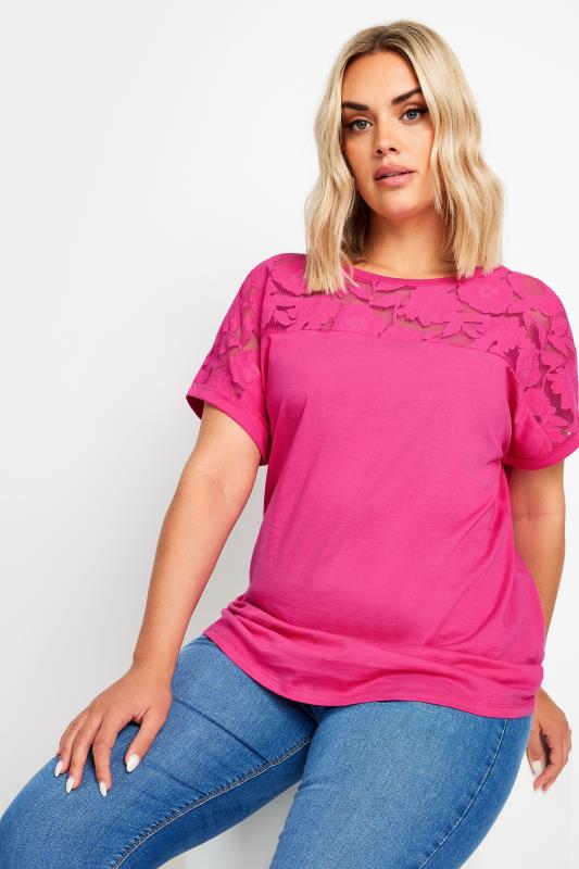 YOURS Plus Size Pink Floral Mesh Panel T-Shirt | Yours Clothing 1