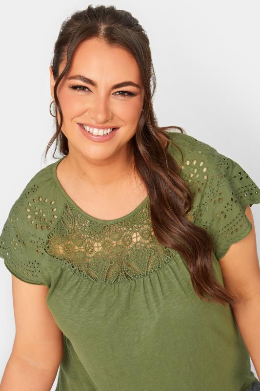 YOURS Plus Size Khaki Green Crochet Lace Top | Yours Clothing 4