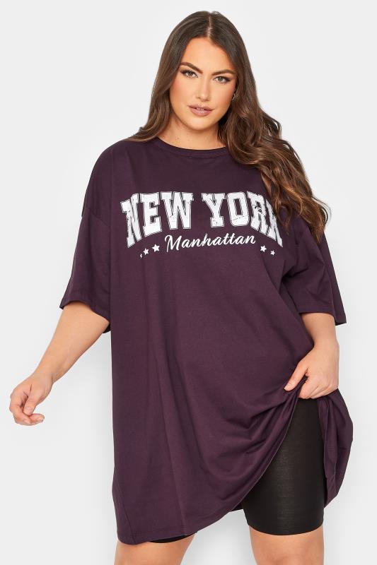  Grande Taille YOURS Curve Purple 'New York' Slogan Oversized Tunic T-Shirt Dress