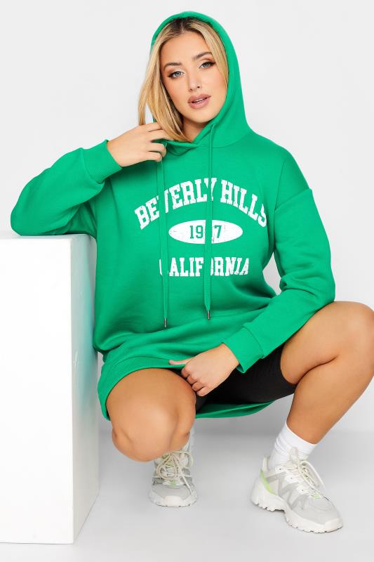 Plus Size Green 'Beverly Hills' Slogan Hoodie Dress | Yours Clothing 4