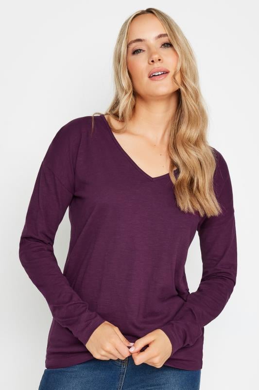 LTS Tall Dark Purple V-Neck Long Sleeve Cotton T-Shirt | Long Tall Sally 1