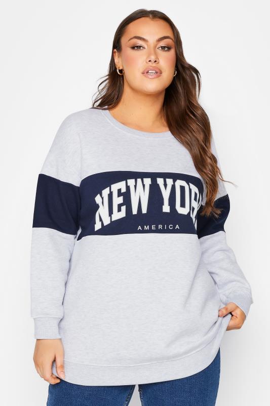  Tallas Grandes Curve Grey Colour Block 'New York' Slogan Varsity Sweatshirt